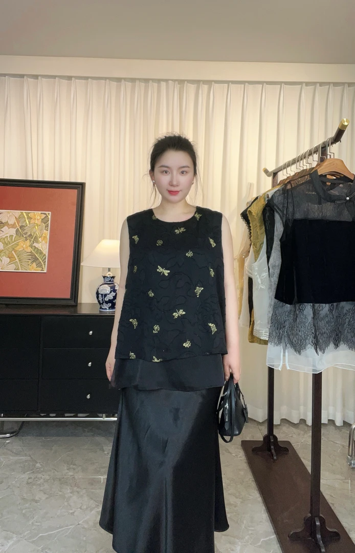 艺琳定制【金•蝶】胖mm国风鎏金蝴蝶双层轻薄圆领无袖上衣