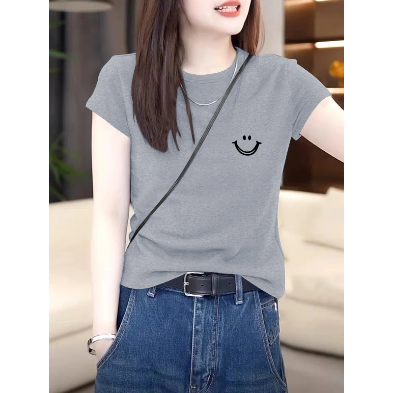2025夏季正肩体恤纯棉圆领短袖t恤女装时尚百搭显瘦洋气灰色上衣