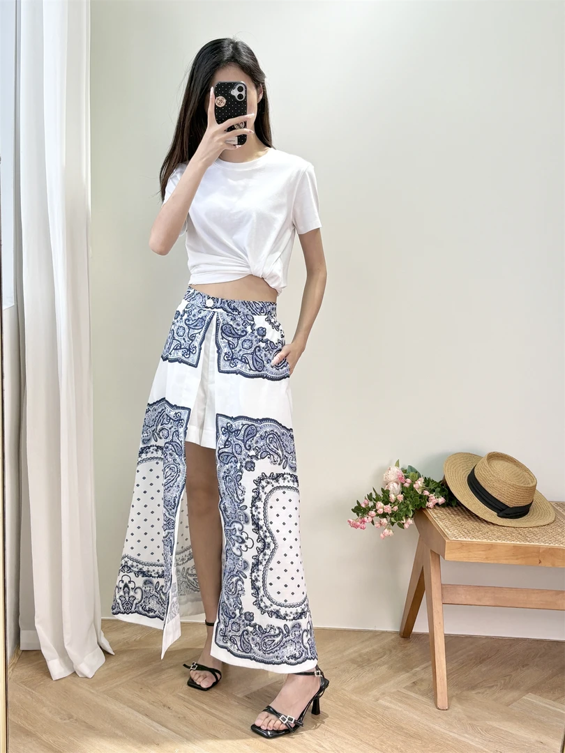 摩登格调丨2025夏季新款法式蓝白复古花纹印花开衩高腰半身裙裤女