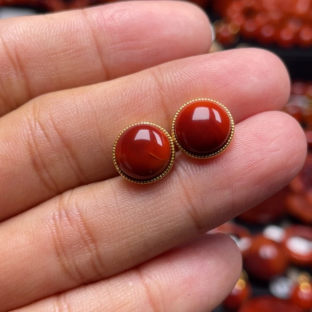 南红玛瑙珠宝奇石银S925镶嵌耳钉