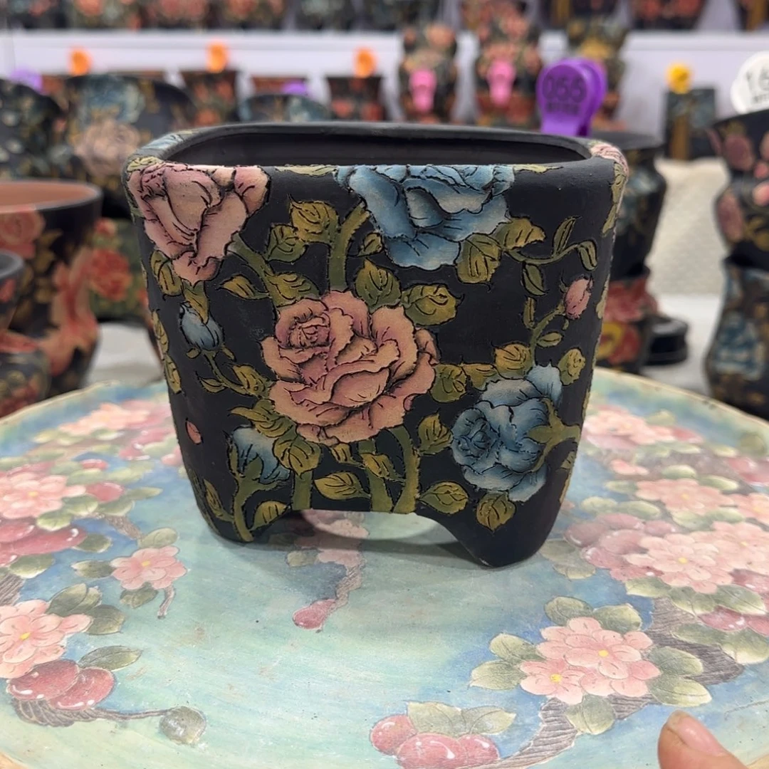 紫砂花盆瑕疵精品多肉手绘花盆