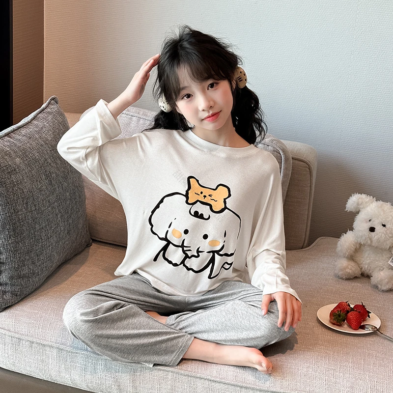 女童莫代尔睡衣春秋款儿童长袖家居服薄款中大儿童女孩夏季亲肤透