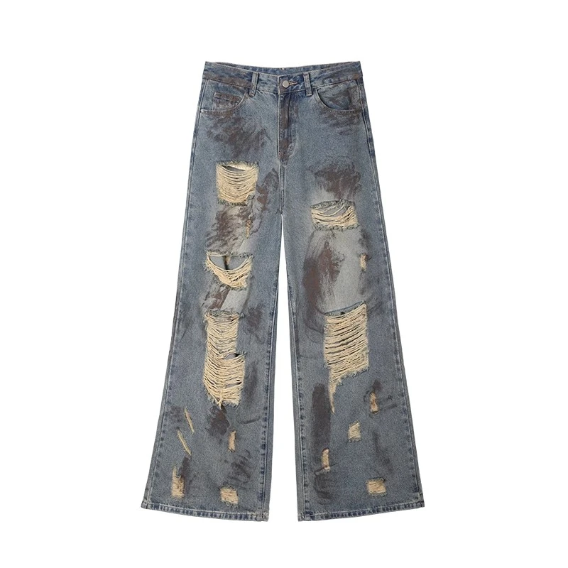 美式破洞拖地牛仔裤女辣妹高街设计感复古宽松慵懒阔腿裤2