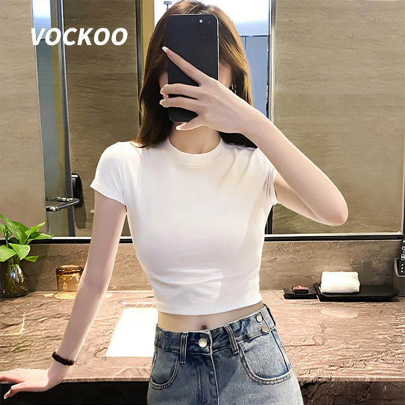 VOCKOO夏季新款小众上衣设计感白色短款t恤女短袖露脐半袖紧身修