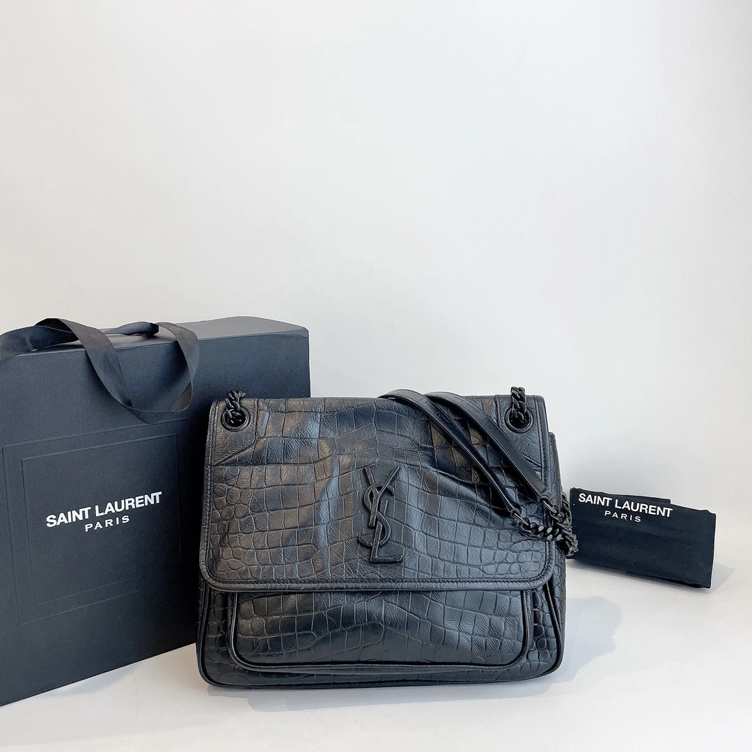 99新 YSL/圣罗兰  So Black 压纹中号Niki链条单肩包