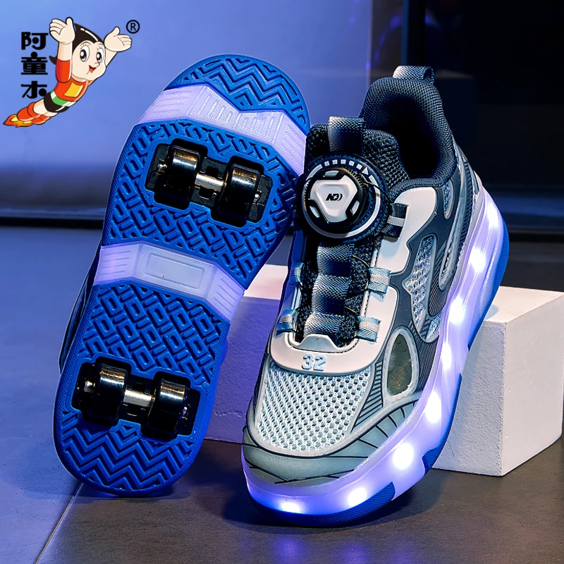 阿童木儿童暴走鞋男童透气网面夏款四轮可收缩亮灯滑轮运动溜冰鞋