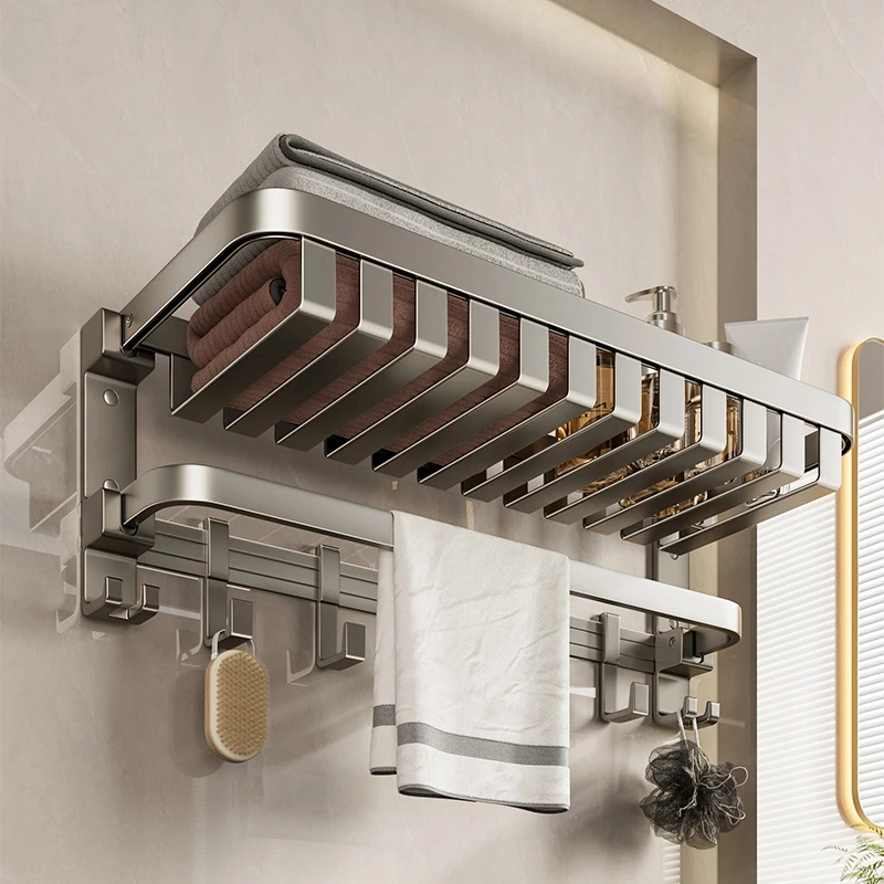 高品质卫生间免打孔壁挂浴巾架加固毛巾架太空铝置物架一体架子