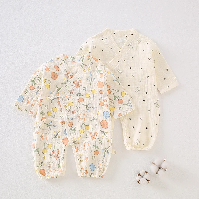 25年宝宝衣服婴儿无骨连体衣薄款新生儿长袖双层纱布纯棉哈衣春款
