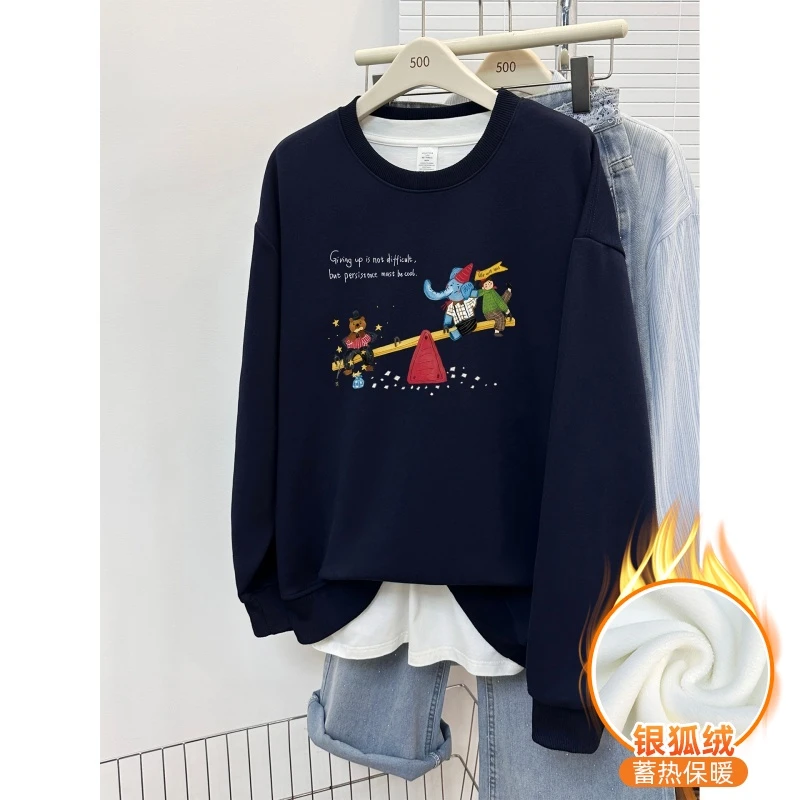 卡通印花圆领卫衣女秋冬季新款韩版设计感宽松大码加绒加厚上衣潮