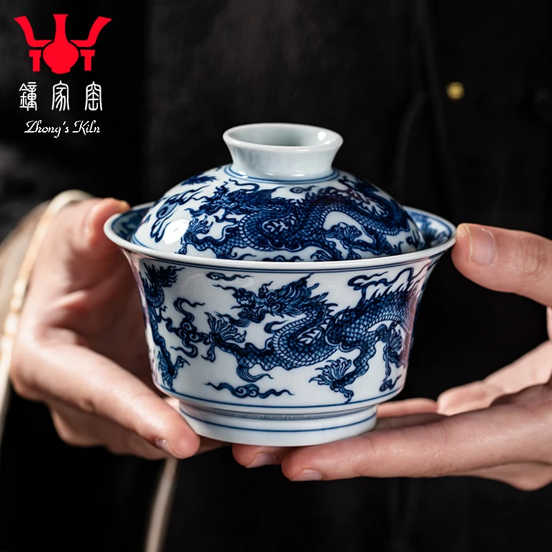 钟家窑陶瓷盖碗 景德镇柴窑青花手工手绘五龙马蹄盖碗高档泡茶碗