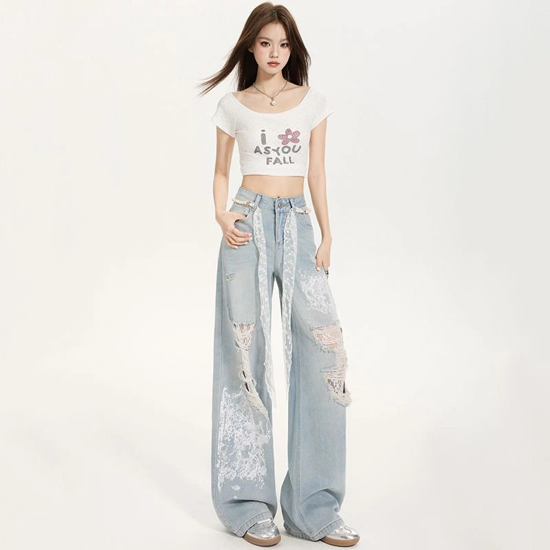 【笑笑专属】蕾丝破洞牛仔裤女2025夏季时尚设计感阔腿裤【不含腰带】