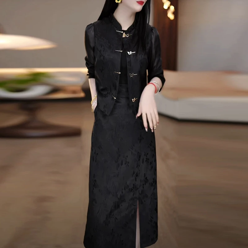 珠光缎新中式国风黑色复古套装裙2025春秋新款显瘦两件套连衣裙子