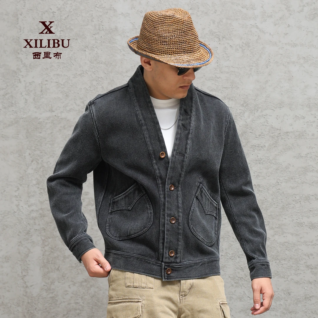 西里布J0461 硫化黑剑道刺子道袍夹克休闲男外套时尚日系复古立领