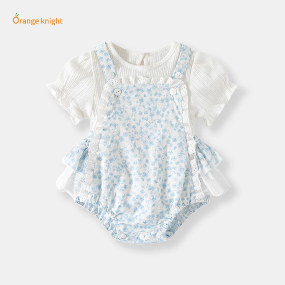 0 - 3岁小月龄宝宝伏夏纯白条纹T恤上衣搭碎花蕾丝花边吊带两件套