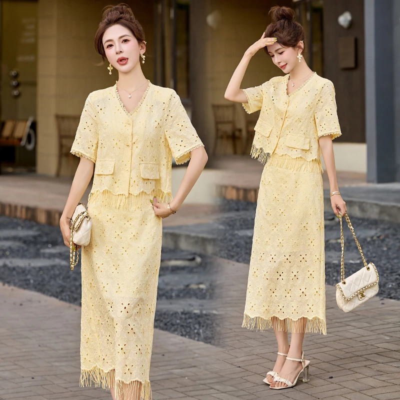 小香风流苏刺绣时尚套装裙女2025夏季新款气质短袖上衣半身裙套装