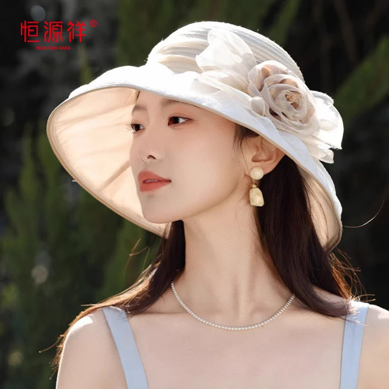 贵气优雅欧根纱防晒帽夏季女士户外花朵遮阳帽妈妈太阳帽