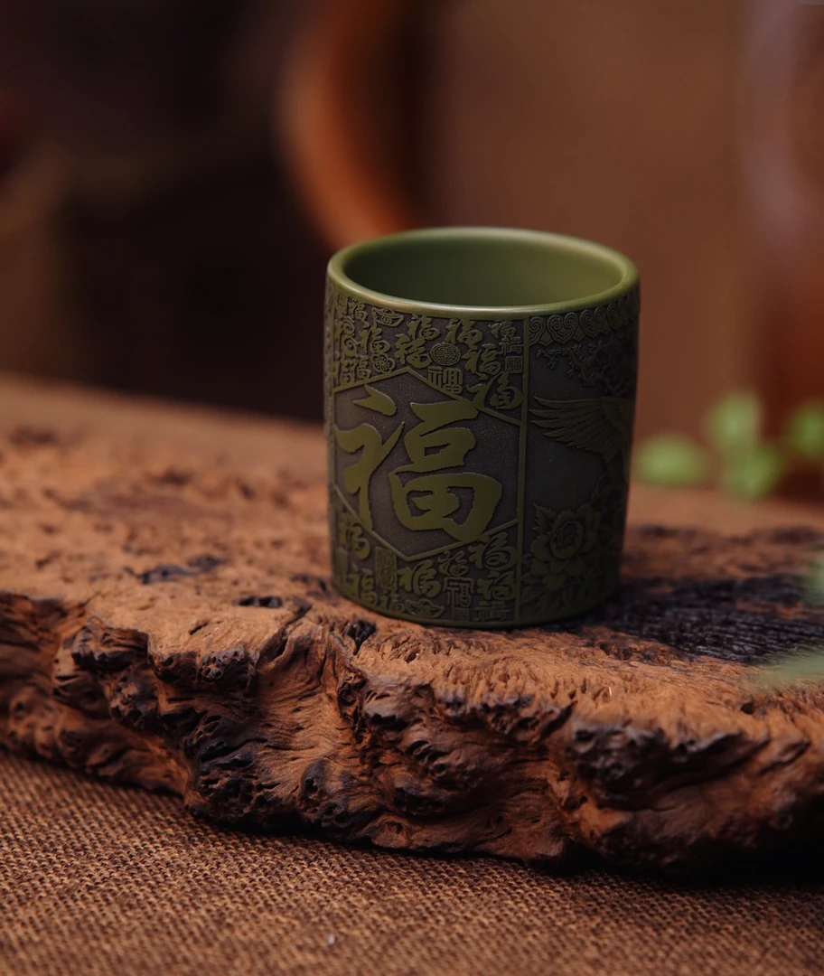 宜兴原矿紫砂 全手工制作 绿泥福鹤主人杯