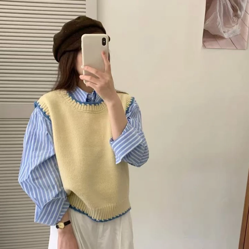 春秋新款韩系拼色边圆领针织马甲背心叠穿宽松配衬衫无袖毛衣坎肩