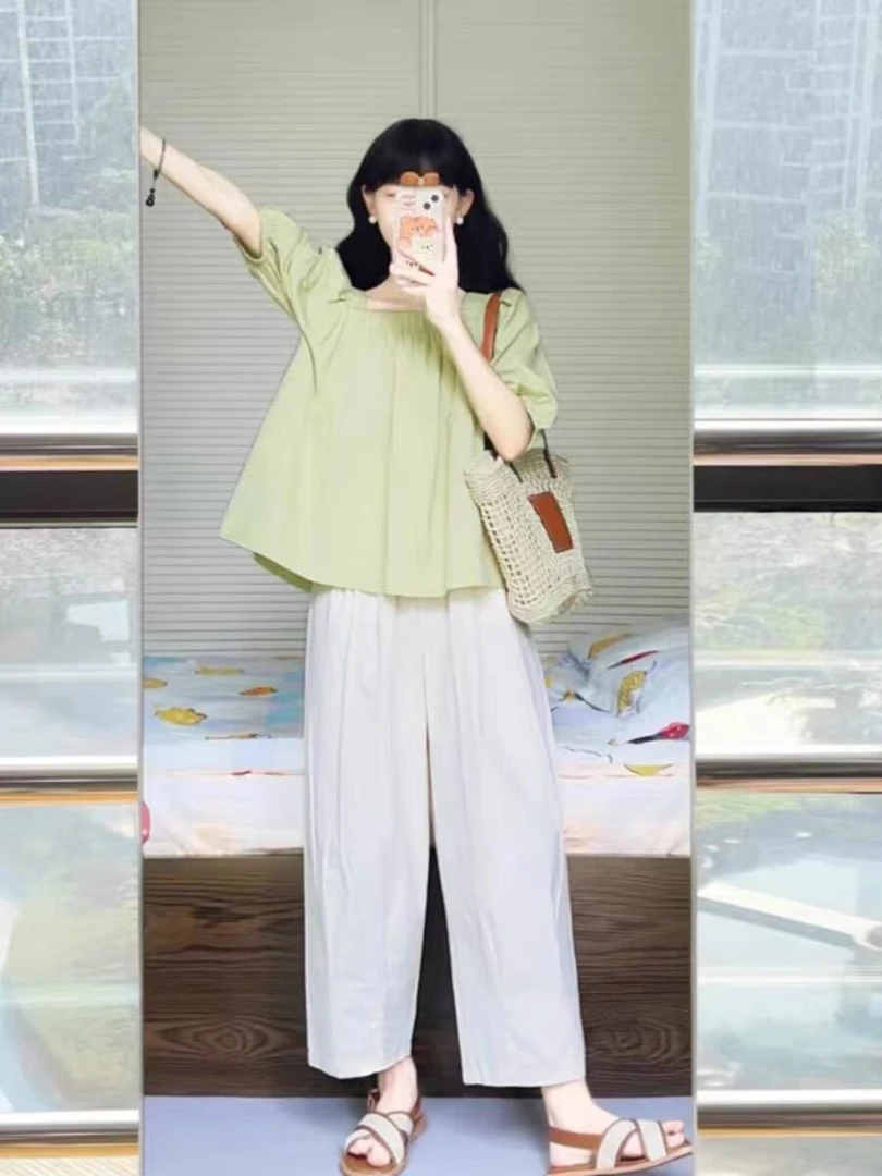 2025夏季时尚方领泡泡袖衬衫高腰阔腿九分休闲裤女显瘦两件套遮肉