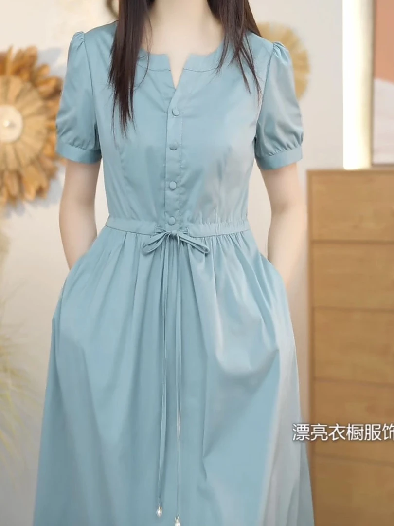 高级精梳棉气质连衣裙2025夏季新款系绳修身显瘦妈妈装优雅礼服裙