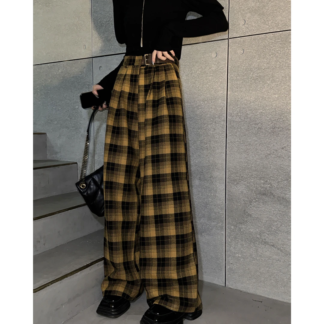 邓蕾婷【黄绿格】高腰显瘦直筒休闲复古宽松百搭格纹阔腿裤