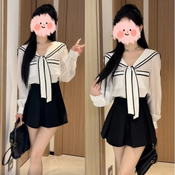 2025秋季新款温柔风洋气显瘦海军领撞色绑带衬衫上衣半身裙两件套