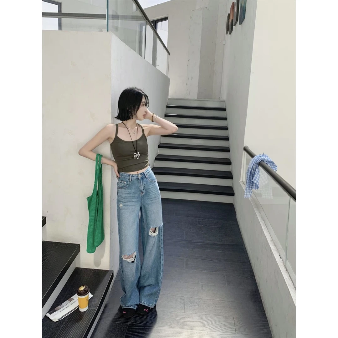 夏季破洞裤 薄款无弹显瘦高腰直筒裤