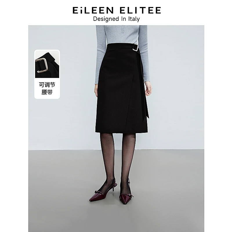 朗姿欧洲EiLEEN ELITEE2025年春新款复古高腰a字黑色中长款半身裙