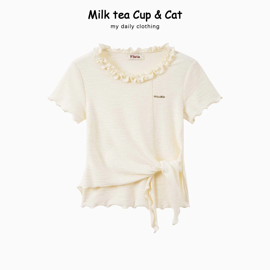 【现货】设计感木耳边不规则卷边蝴蝶结绑带正肩短袖T恤上衣2018