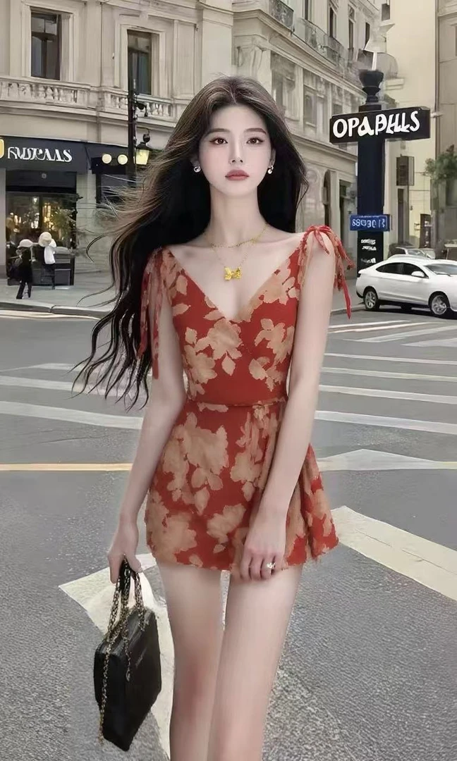 休闲度假风撞色V领无袖修身收腰印花设计感连衣裙女时尚显瘦女装