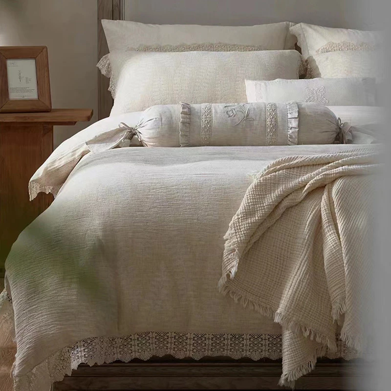 美作师天然纤维自然肌理复古亚麻双层纱四件套刺绣床上用品四件套