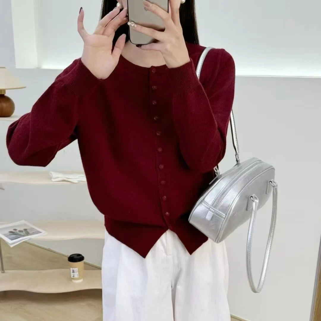 5106【迪好甄选】春季韩系简约纯色圆领单排扣针织开衫上衣