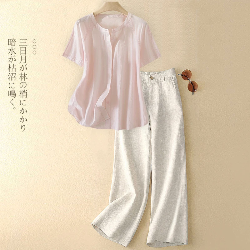 大码女夏季高级感轻奢苎麻套装洋气减龄亚麻衬衫阔腿裤休闲两件套