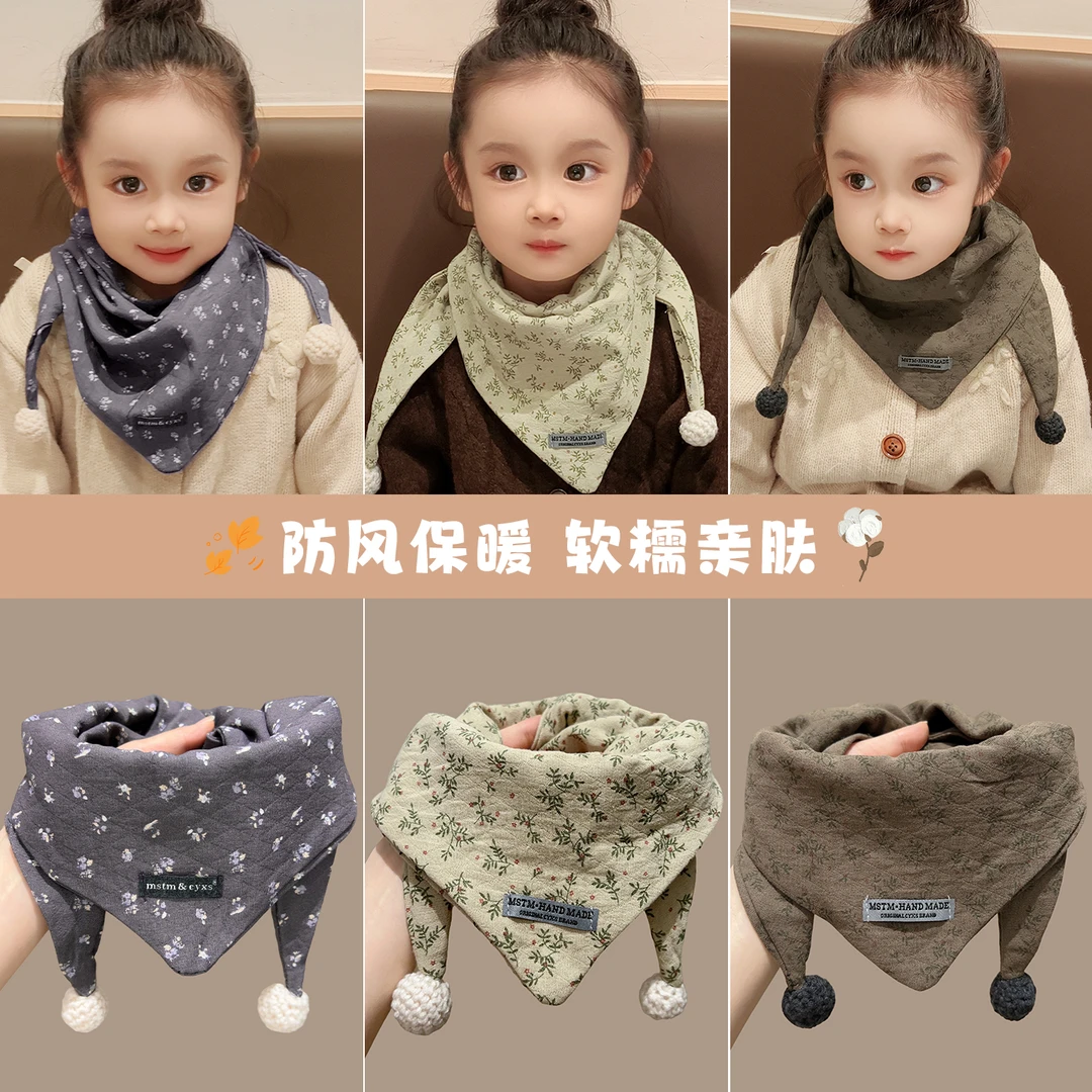 【花纹款】小女孩复古韩系三角巾秋冬出门加厚护颈脖套女童防护围巾