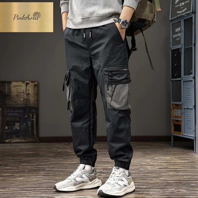 PinkAvril2025春季美式拼色口袋工装裤男宽松哈伦户外运动束脚裤