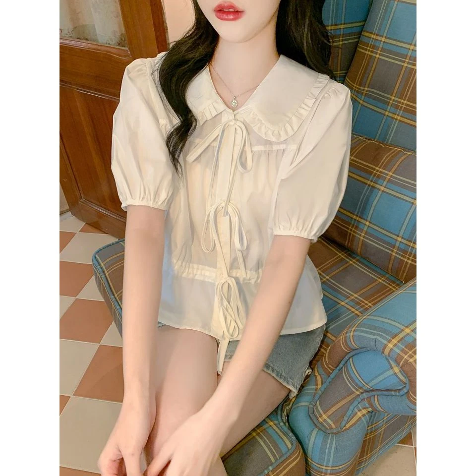 娃娃领雪纺衬衫短袖上衣女夏季2025年新款女士衬衣法式气质泡泡袖