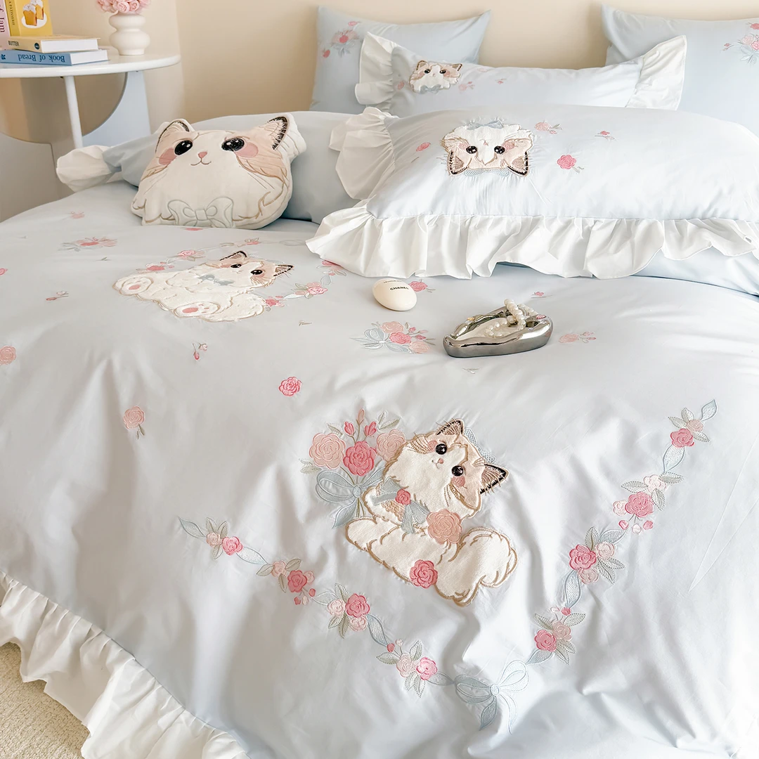 可爱猫咪全棉水洗棉四件套少女心公主风床上用品刺绣卡通纯棉被套