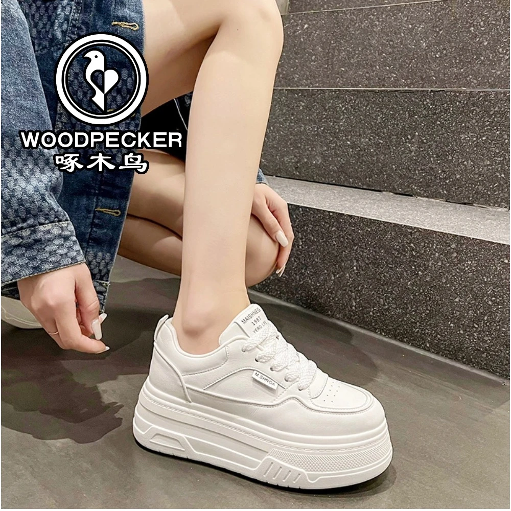 woodpecker/啄木鸟品牌厚底小白鞋爆款百搭皮面小白鞋女ins潮款