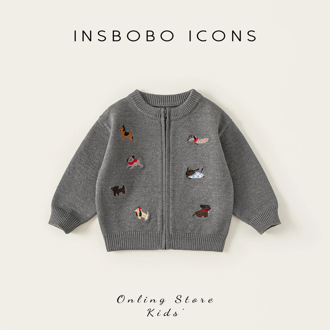 INSbobo儿童开衫上衣秋季圆领可爱绣花百搭毛衣拉链开衫潮QY25113