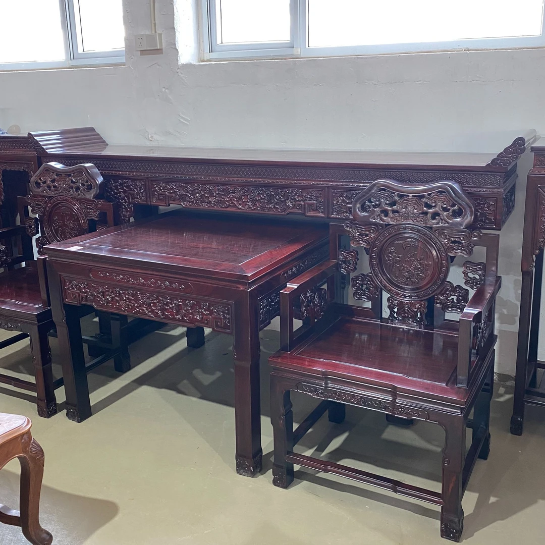 阔叶黄檀印尼黑酸枝中堂六件套条案灵芝椅八仙桌