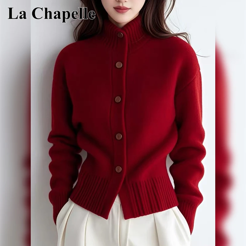 拉夏贝尔时尚气质红色立领长袖针织开衫女秋冬款洋气毛衣外套上衣