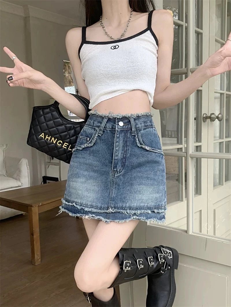 2313#设计感毛边牛仔半身裙女夏季港风辣妹防走光A字裤裙包臀裙