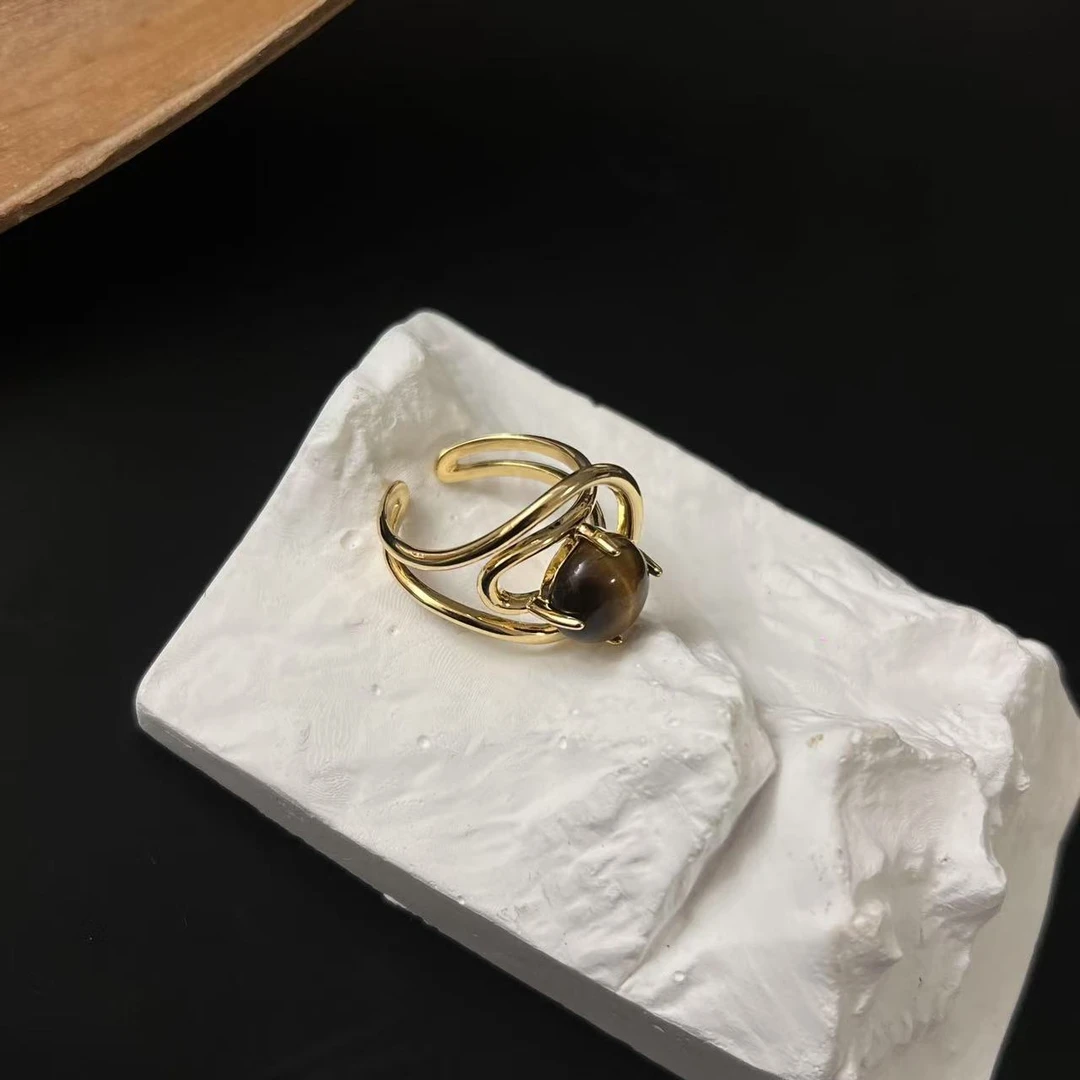 合金戒指 “王妃”SITUOO饰图小众设计款虎眼石金色复古戒指可调节