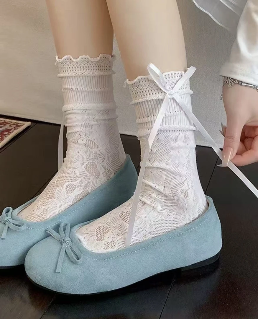 夏季白色蕾丝中筒袜女芭蕾风堆堆袜T