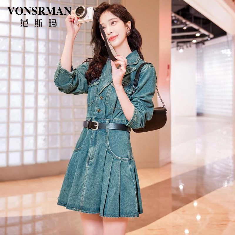 2025小个子牛仔连衣裙女春秋季新款收腰显瘦气质洋气减龄百褶短裙