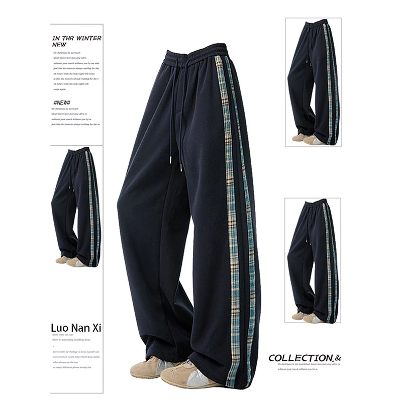 特大码美式条纹拼接卫裤女2025秋季新款胖mm宽松显瘦阔腿运动裤潮