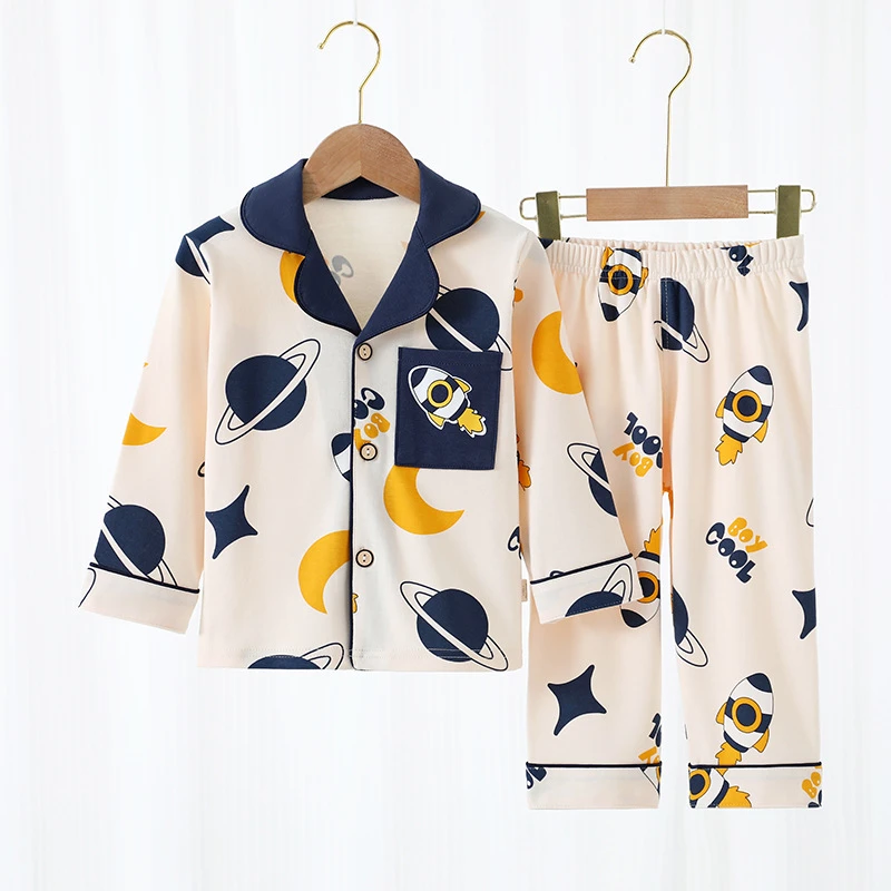 (浅色系)100纯棉儿童开衫睡衣套装 男童卡通全棉长袖长裤家居套装