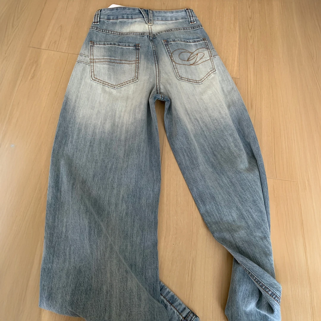 美式复古水洗磨白牛仔裤女秋冬新款大码胖mm高腰显瘦直筒阔腿裤子