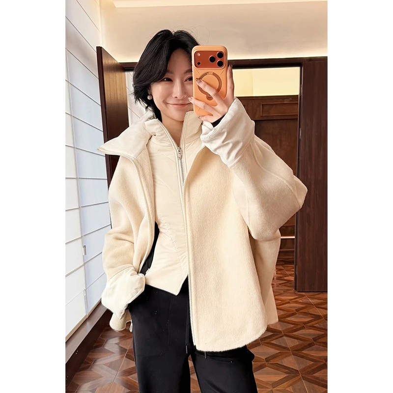 HERLAND她地【棉花糖】宽松加厚保暖休闲百搭秋冬立领短款毛呢外套