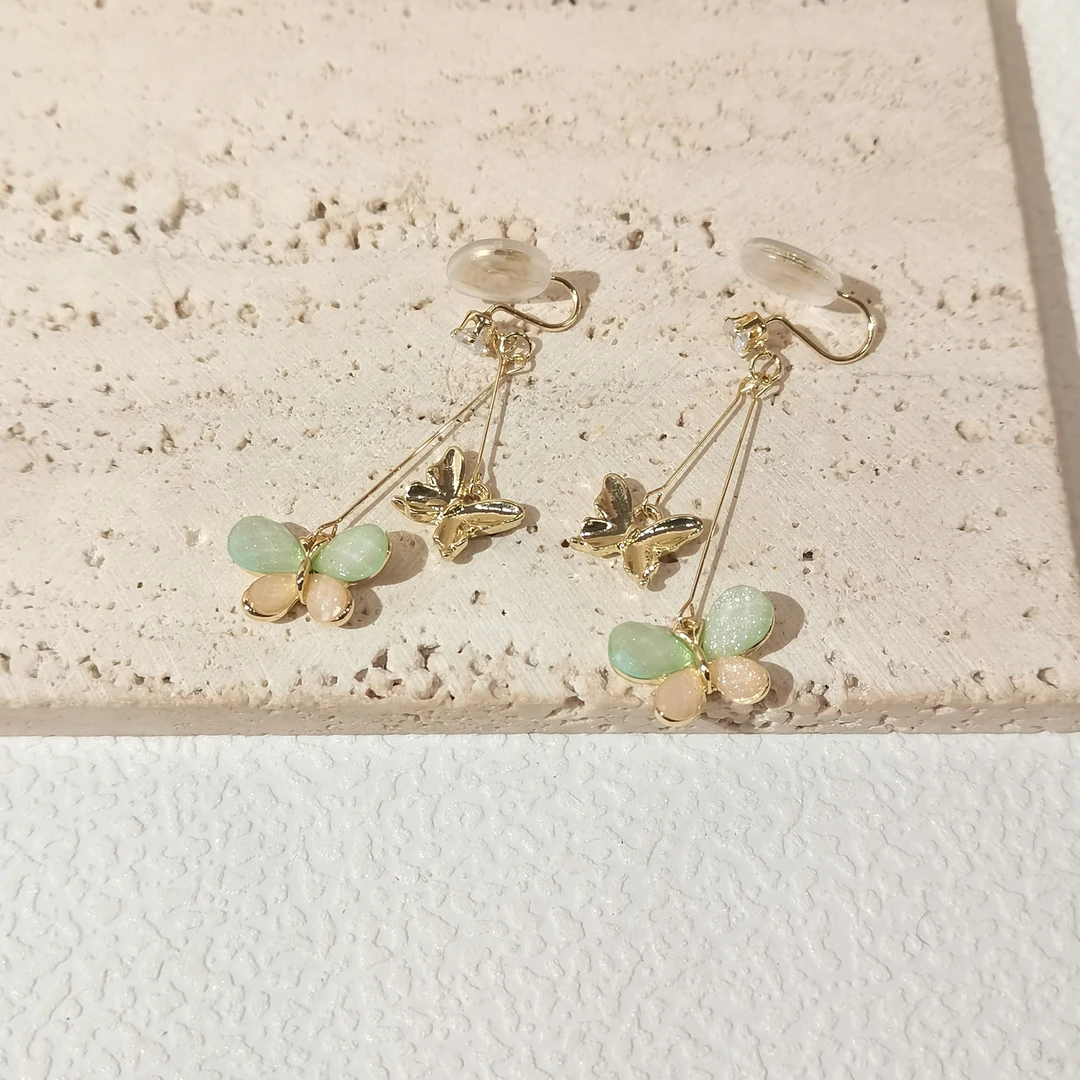 合金耳饰 甜可饰品   时尚甜美森系绿色长款蝴蝶耳夹